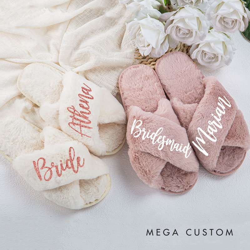 Personalized Bridesmaid Fluffy Slippers Custom Bride Name Fluffy Slipper Maid of Honor Slippers Bridal Shower Gift Bachelorette Party Gift for Her