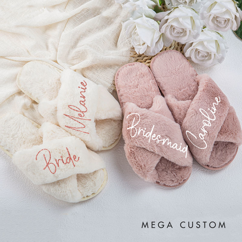 Personalized Bridesmaid Fluffy Slippers Custom Bride Name Fluffy Slipper Maid of Honor Slippers Bridal Shower Gift for Her Bachelorette Party Gift