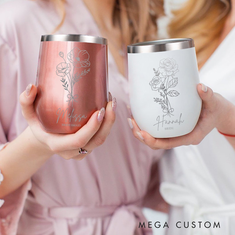 Personalized Bridesmaid Birth Flower Wine Tumbler Custom Bride Month Flower Wine Tumbler Maid of Honor Bachelorette Party Favor Bridal Shower Gift