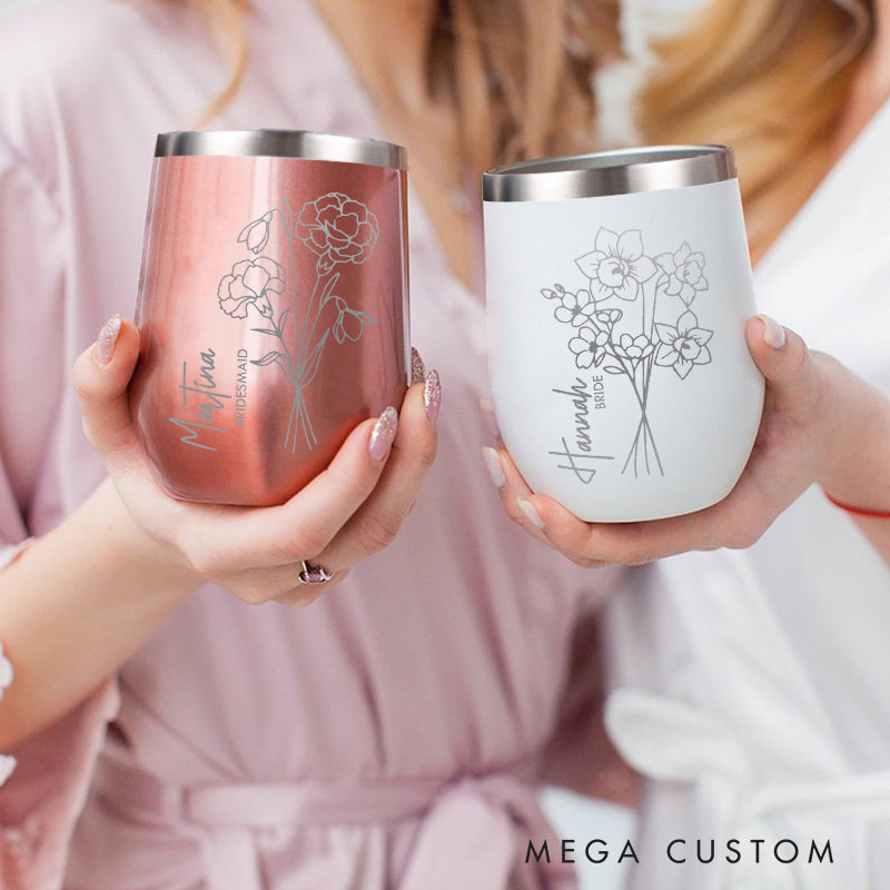 Personalized Bridesmaid Stylish Birth Flower Wine Tumbler Engraved Bride Month Flower Wine Tumbler Maid of Honor Bachelorette Party Bridal Shower Gift