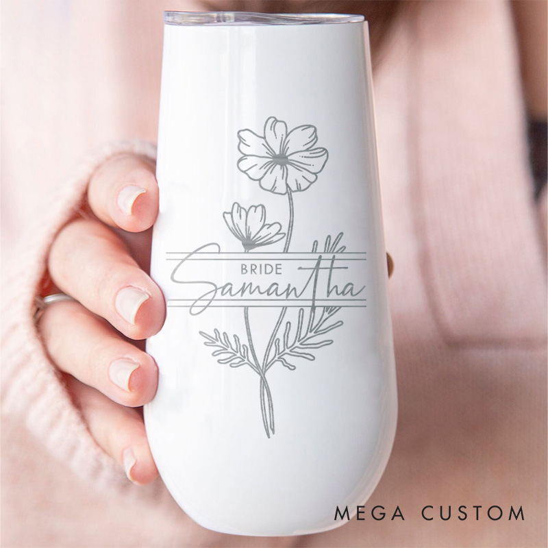 Personalized Bridesmaid Stylish Birth Flower Champagne Tumbler Custom Bride Month Flower Tumbler Bachelorette Party Favors Bridal Shower Gift for Her