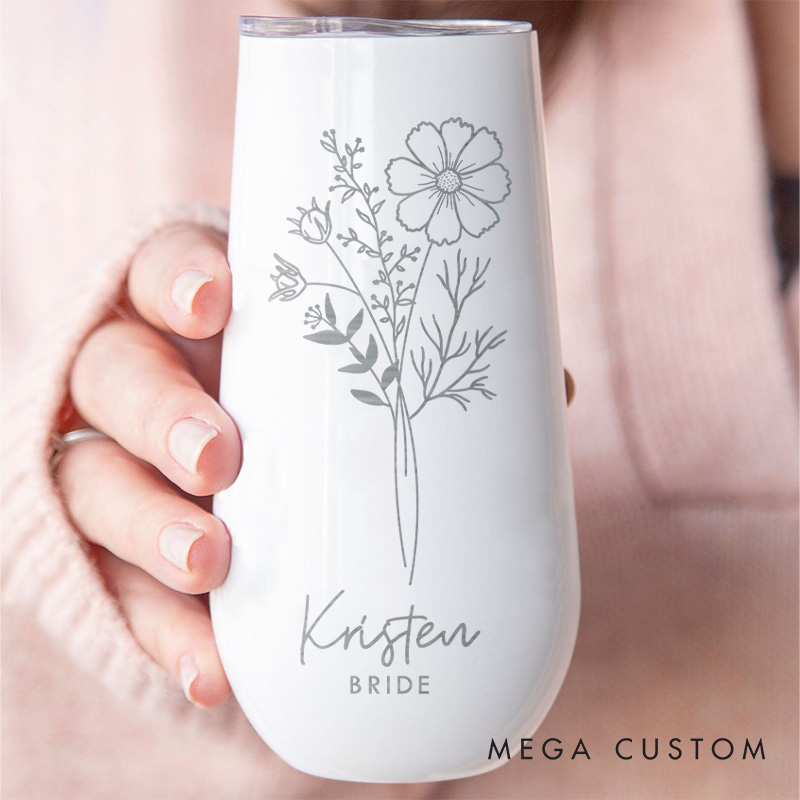 Personalized Bridesmaid Graceful Birth Flower Champagne Tumbler Custom Bride Month Flower Tumbler Bachelorette Party Favors Bridal Shower Gift for Her