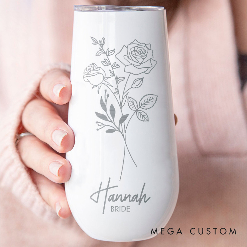 Personalized Bridesmaid Exquisite Birth Flower Champagne Tumbler Custom Bride Month Flower Tumbler Bachelorette Party Favor Bridal Shower Gift for Her