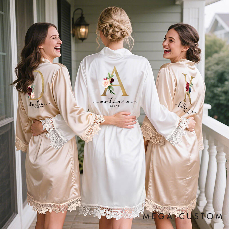 Personalized Bridesmaid Floral Gold Initials Robes Custom Bride Wedding Dressing Gown Maid of Honor Bachelorette Party Favors Bridal Shower Gift