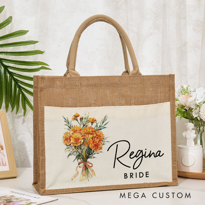 Personalized Bridesmaid Birth Flower Burlap Tote Bag Custom Bride Month Flower Wedding Beach Tote Bag Bachelorette Party Favors Bridal Shower Gift