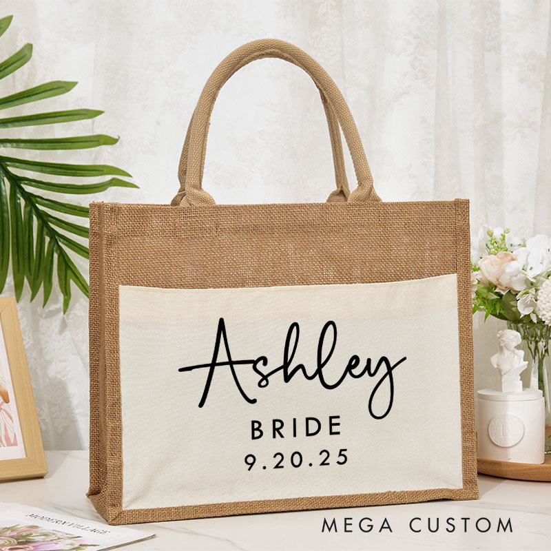 Personalized Bridesmaid Minimalist Name Burlap Tote Bag Custom Bride Name and Title Wedding Beach Tote Bag Bachelorette Party Favor Bridal Shower Gift
