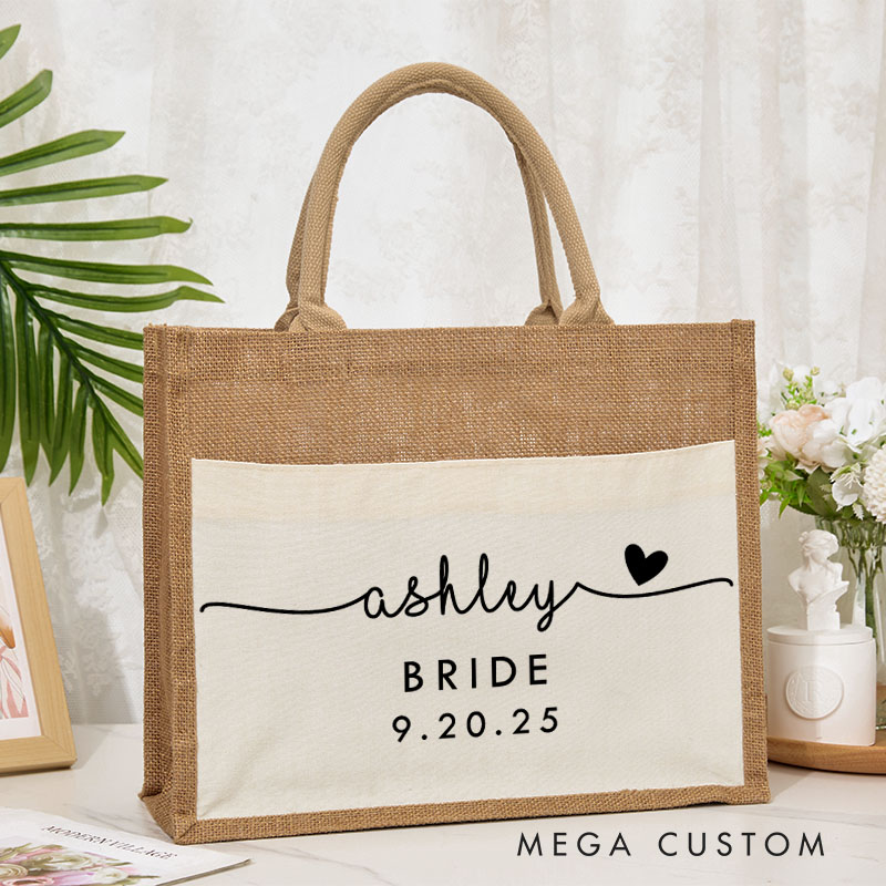 Personalized Bridesmaid Name with Heart Burlap Tote Bag Custom Bride Name and Title Wedding Beach Tote Bag Bachelorette Party Favor Bridal Shower Gift