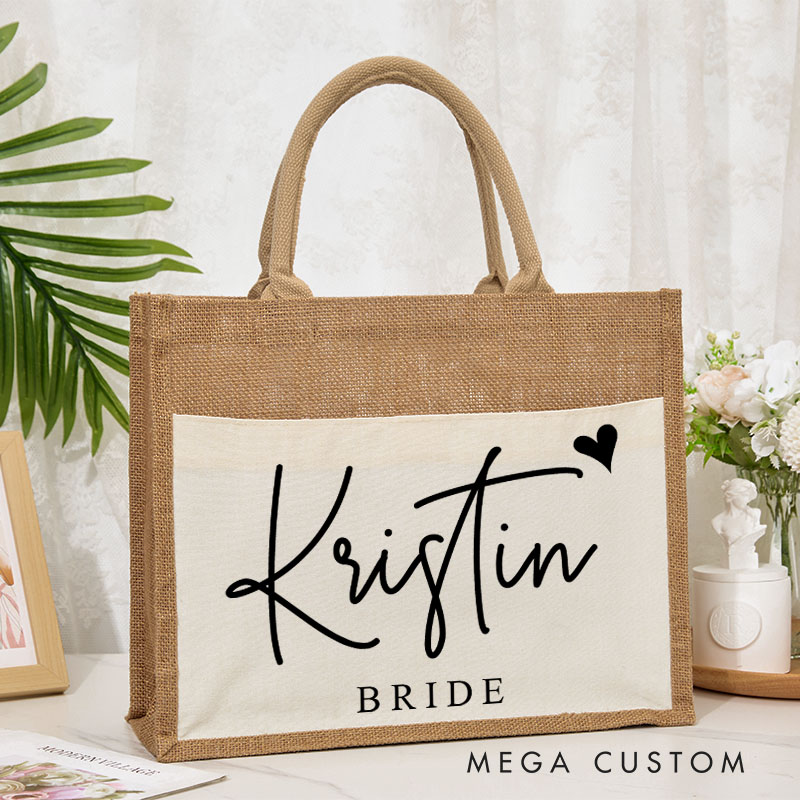 Personalized Bridesmaid Stylish Name with Heart Burlap Tote Bag Custom Bride Name and Title Wedding Beach Bag Bachelorette Party Bridal Shower Gift