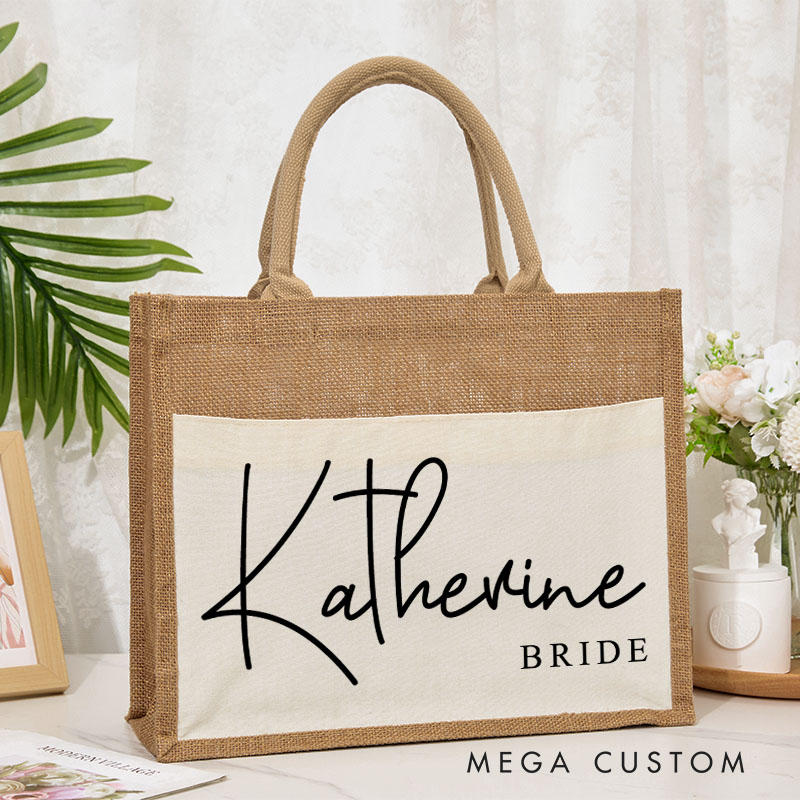Personalized Bridesmaid Elegant Name Burlap Tote Bag Custom Bride Name and Title Wedding Beach Tote Bag Bachelorette Party Favors Bridal Shower Gift