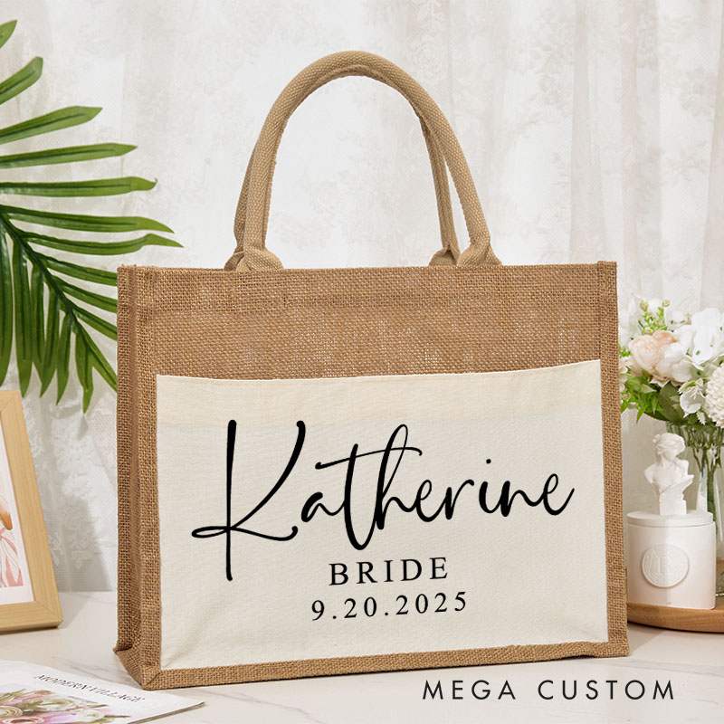Personalized Bridesmaid Stunning Name Burlap Tote Bag Custom Bride Name and Title Wedding Beach Tote Bag Bachelorette Party Favors Bridal Shower Gift