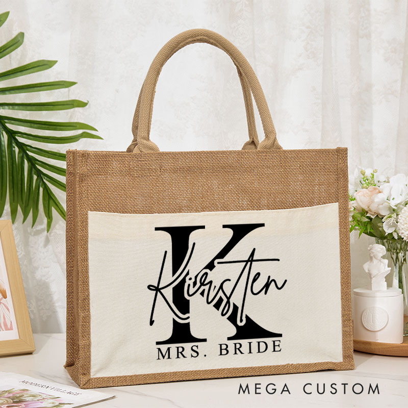 Personalized Bridesmaid Stunning Burlap Tote Bag Custom Bride Initials and Title Wedding Beach Tote Bag Bachelorette Party Favors Bridal Shower Gift