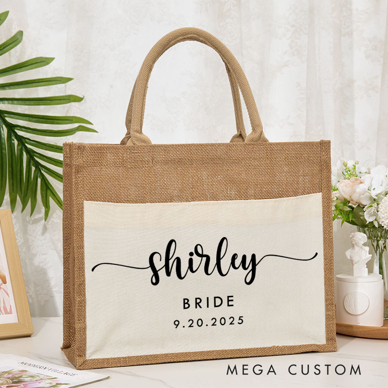 Personalized Bridesmaid Graceful Burlap Tote Bag Custom Bride Name and Title Wedding Beach Tote Bag Bachelorette Party Favors Bridal Shower Gift