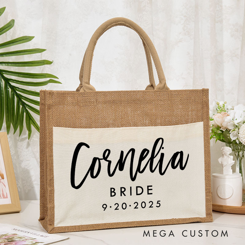 Personalized Bridesmaid Boho Name Burlap Tote Bag Custom Bride Name and Title Wedding Beach Tote Bag Bachelorette Party Favors Bridal Shower Gift