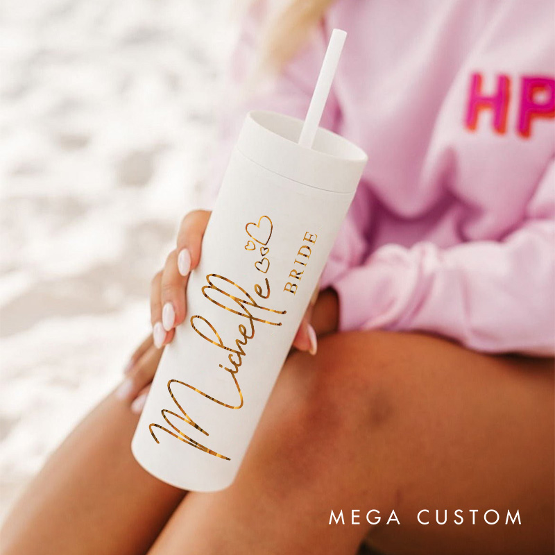 Personalized Gorgeous Bridesmaid 16oz Skinny Tumbler Custom Bride Name with Heart Wedding Tumbler Maid of Honor Bachelorette Party Bridal Shower Gift