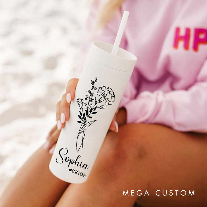 Personalized Bridesmaid Birth Flower 16oz Skinny Tumbler Custom Bride Month Flower Wedding Tumbler Maid of Honor Bachelorette Party Bridal Shower Gift