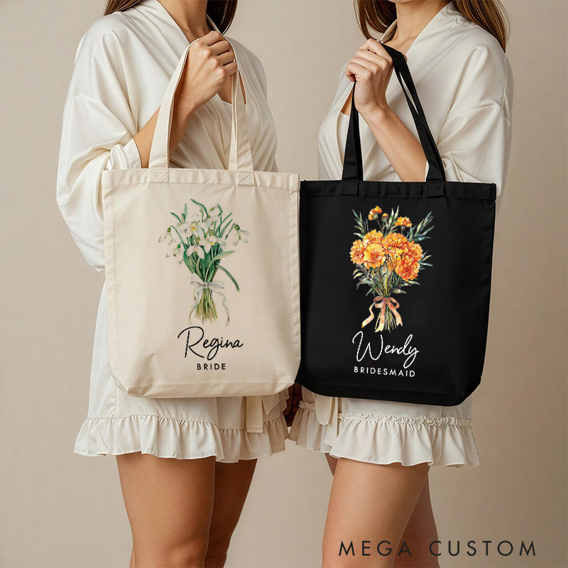 Personalized Bridesmaid Birth Flower Canvas Tote Bag Bride Month Flower Wedding Beach Tote Bag Maid of Honor Bachelorette Party Bridal Shower Gift