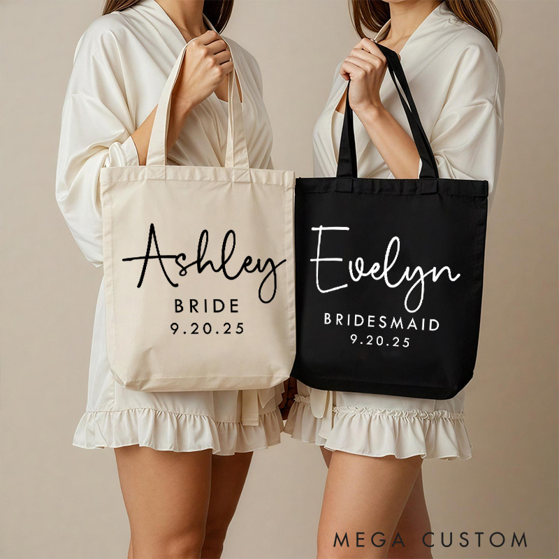 Personalized Bridesmaid Name and Title Canvas Tote Bag Custom Bride Wedding Date Beach Tote Bag Maid of Honor Bachelorette Party Bridal Shower Gift