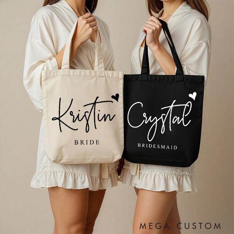 Personalized Bridesmaid Name with Heart Canvas Tote Bag Custom Bride Title Wedding Beach Tote Bag Maid of Honor Bachelorette Party Bridal Shower Gift