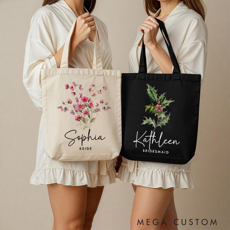 Personalized Bridesmaid Colorful Birth Flower Canvas Tote Bag Bride Month Flower Wedding Beach Bag Maid of Honor Bachelorette Party Bridal Shower Gift