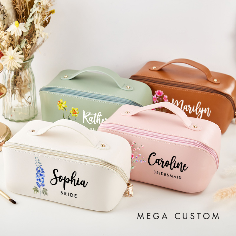 Personalized Bridesmaid Birth Flower Makeup Bag Bride Wedding Cosmetic Bag Maid of Honor Toiletry Pouch Bachelorette Party Favor Bridal Shower Gift