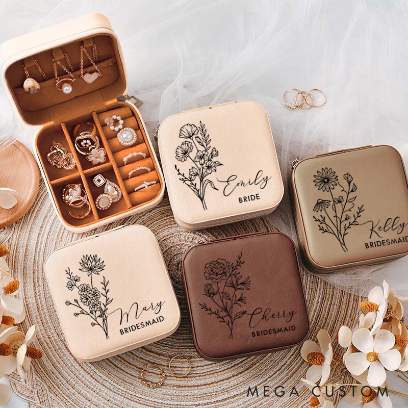Personalized Bridesmaid Birth Flower Jewelry Box Bride Moth Flower Jewelry Box Maid of Honor Name Ring Box Bachelorette Party Favor Bridal Shower Gift