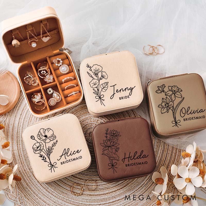 Personalized Bridesmaid Birth Flower Jewelry Box Bride Moth Flower Jewelry Box with Name Maid of Honor Ring Box Bachelorette Party Bridal Shower Gift
