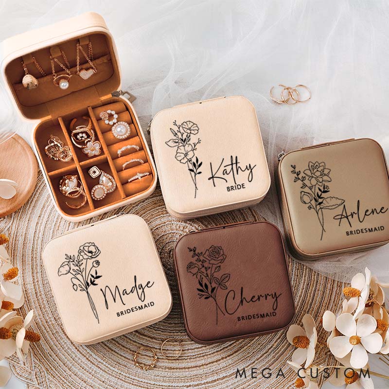 Personalized Bridesmaid Birth Flower Jewelry Box Bride Name Moth Flower Jewelry Box Maid of Honor Ring Box Bachelorette Party Bridal Shower Gift