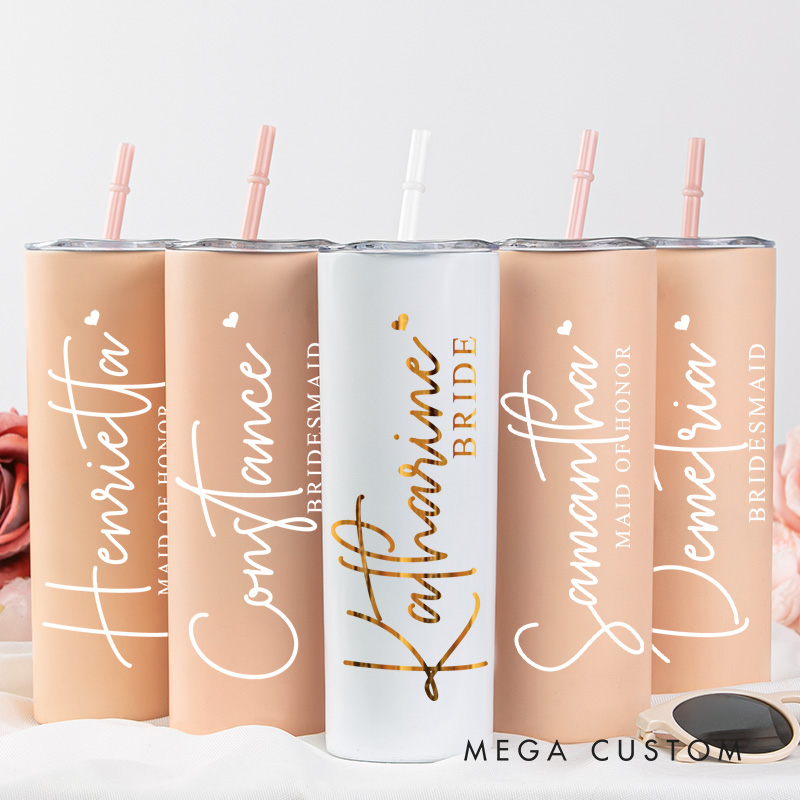 Personalized Bridesmaid Name with Heart 20oz Skinny Tumbler with Lid and Straw Custom Bride Name Wedding Tumbler Maid of Honor Bachelorette Party Gift
