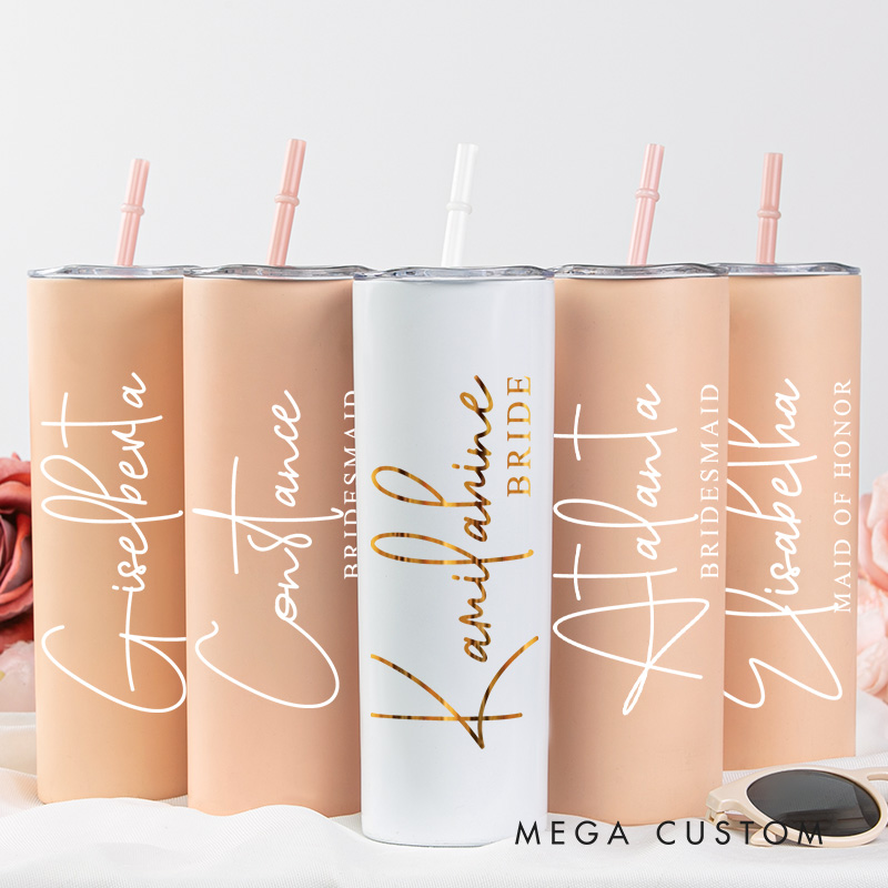 Personalized Bridesmaid Name with Heart 20oz Skinny Tumbler with Lid and Straw Custom Bride Name Wedding Tumbler Maid of Honor Bachelorette Party Gift