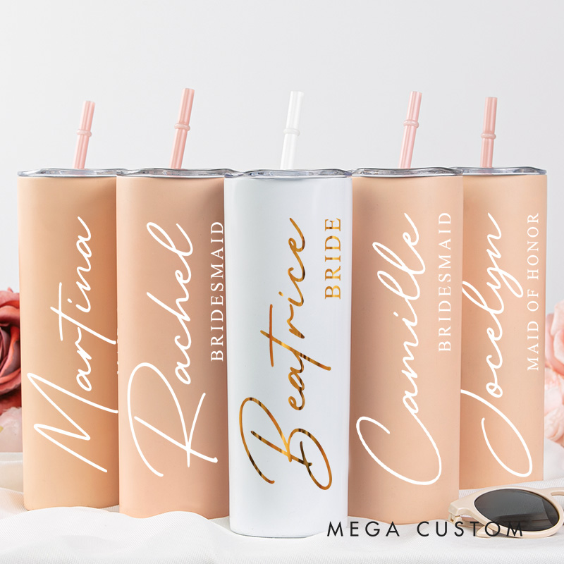 Personalized Minimalist Bridesmaid Name 20oz Skinny Tumbler with Lid and Straw Custom Bride Name Wedding Tumbler Maid of Honor Bachelorette Party Gift