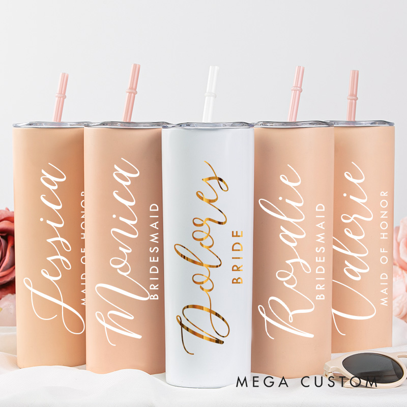 Personalized Elegant Bridesmaid Name 20oz Skinny Tumbler with Lid and Straw Custom Bride Name Wedding Tumbler Maid of Honor Bachelorette Party Gift