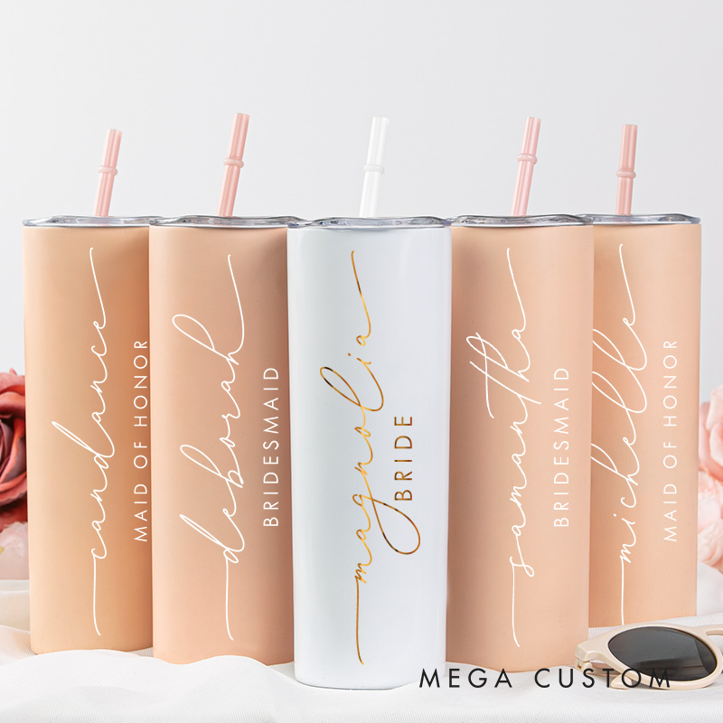 Personalized Bridesmaid Wedding 20oz Skinny Tumbler with Lid and Straw Custom Bride Name with Heart Tumbler Maid of Honor Bachelorette Party Gift