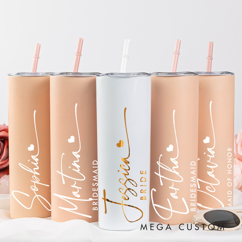 Personalized Bridesmaid Wedding Stylish 20oz Skinny Tumbler with Lid and Straw Custom Bride Name Tumbler Maid of Honor Bachelorette Party Gift