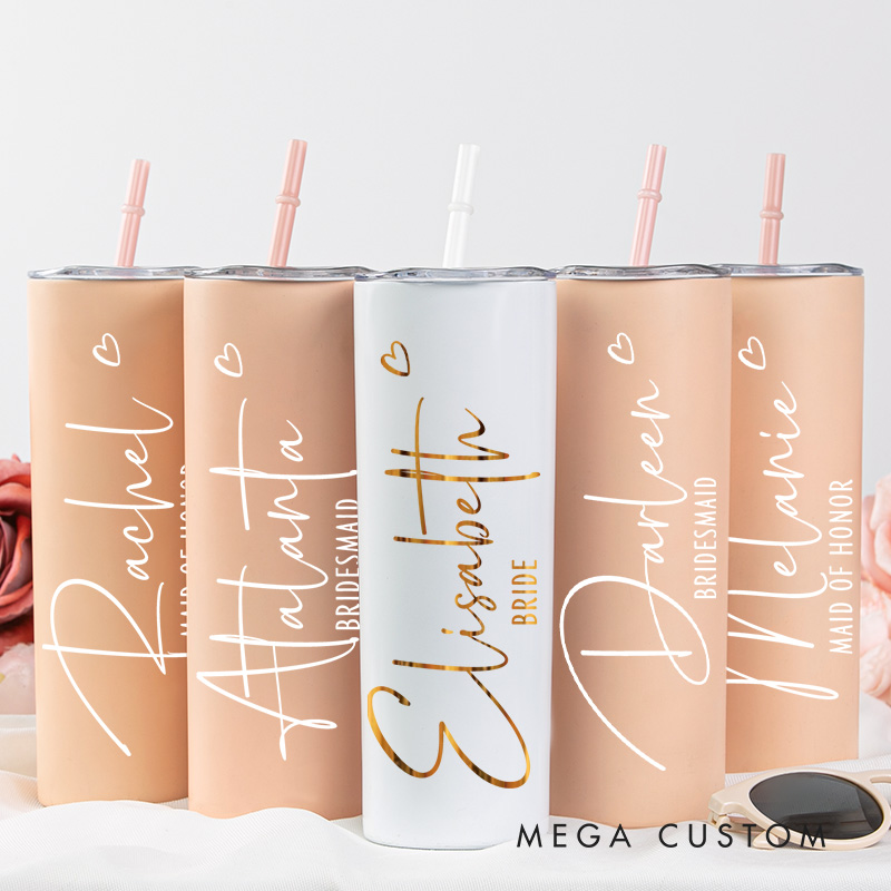 Personalized Bridesmaid Wedding 20oz Skinny Tumbler with Lid and Straw Custom Bride Name with Heart Tumbler Maid of Honor Bachelorette Party Gift