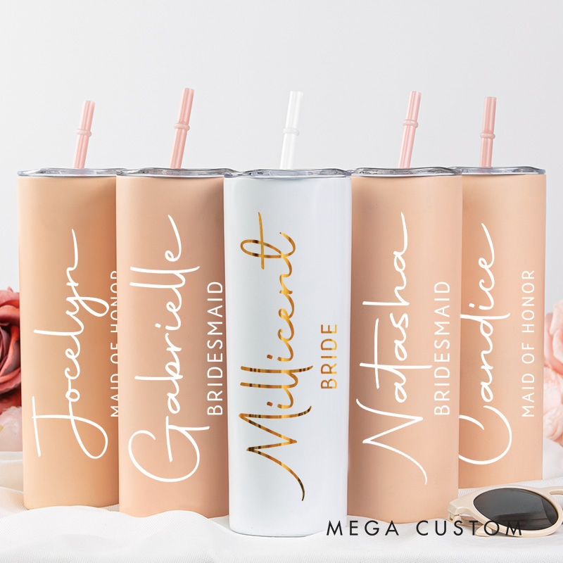 Personalized Bridesmaid 20oz Skinny Tumbler with Lid and Straw Wedding Bride Name with Heart Tumbler Maid of Honor Bachelorette Party Gift for Her