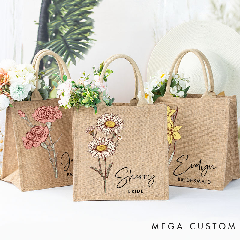 Personalized Bridesmaid Birth Flower Burlap Tote Bag Custom Bride Month Flower Wedding Beach Jute Tote Bag Bachelorette Party Favor Bridal Shower Gift