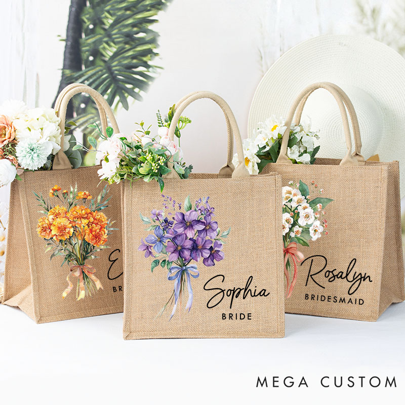 Personalized Bridesmaid Elegant Birth Flower Burlap Tote Bag Bride Month Flower Wedding Beach Jute Tote Bag Bachelorette Party Bridal Shower Gift