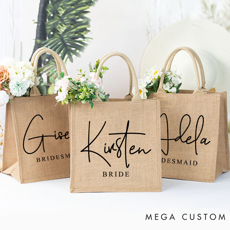 Personalized Minimalist Bridesmaid Burlap Tote Bag Custom Bride Name Jute Tote Bag Wedding Beach Tote Bag Bachelorette Party Favors Bridal Shower Gift