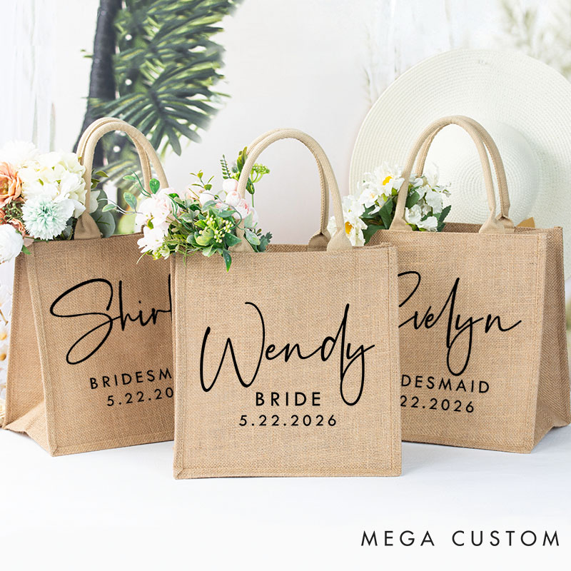 Personalized Minimalist Bridesmaid Burlap Tote Bag Custom Bride Name Jute Tote Bag Wedding Date Beach Bag Bachelorette Party Favors Bridal Shower Gift