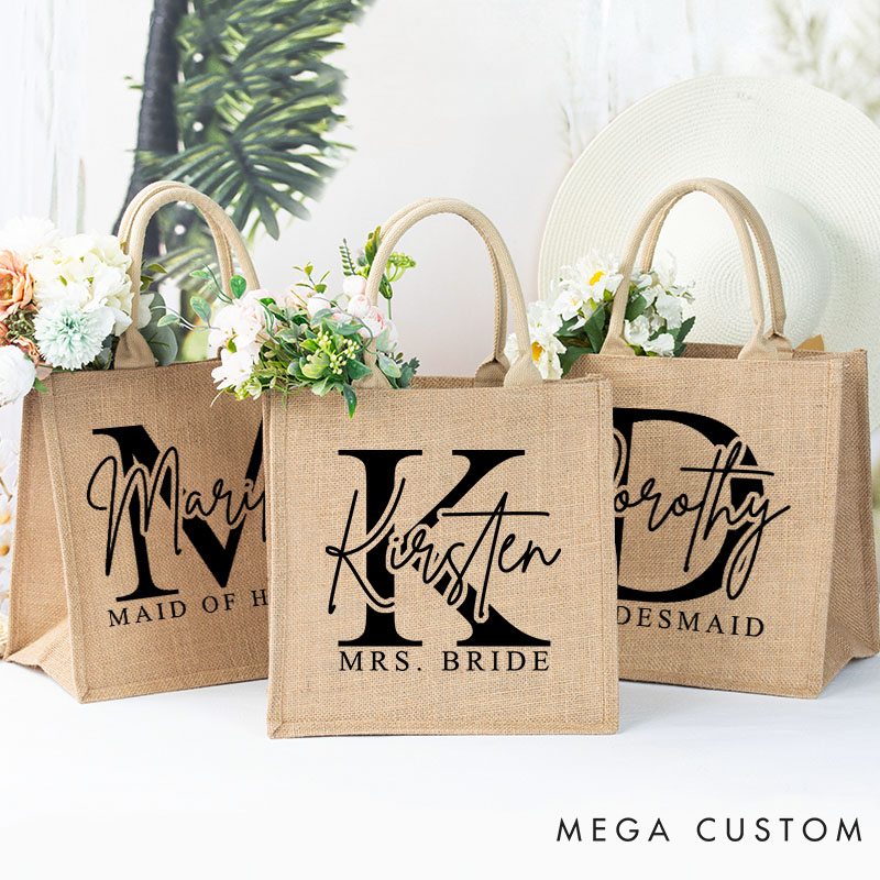 Personalized Minimalist Bridesmaid Burlap Tote Bag Custom Bride Initials Jute Tote Bag Wedding Beach Bag Bachelorette Party Favors Bridal Shower Gift