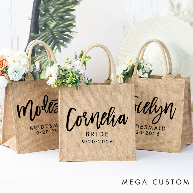 Personalized Bridesmaid Boho Burlap Tote Bag Custom Bride Name Jute Tote Bag Wedding Date Beach Bag Bachelorette Party Favors Bridal Shower Gift