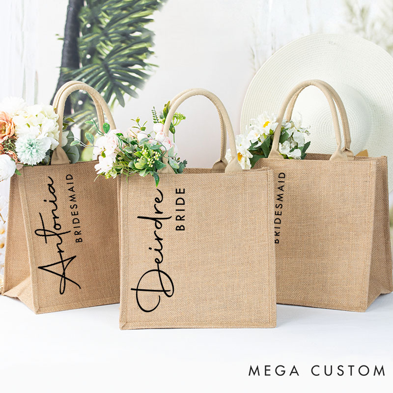 Personalized Bridesmaid Stylish Burlap Tote Bag Custom Bride Name Jute Tote Bag Wedding Beach Bag Bachelorette Party Favors Bridal Shower Gift