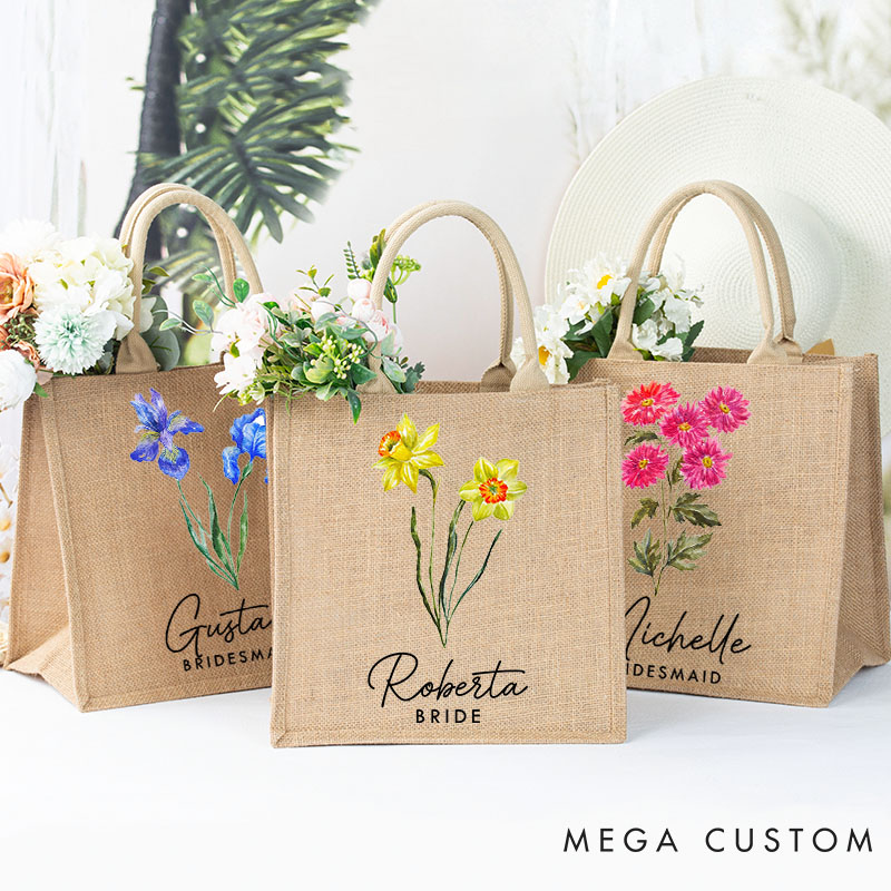 Personalized Bridesmaid Birth Flower Burlap Tote Bag Custom Bride Month Flower Beach Bag Wedding Jute Tote Bag Bachelorette Party Bridal Shower Gift