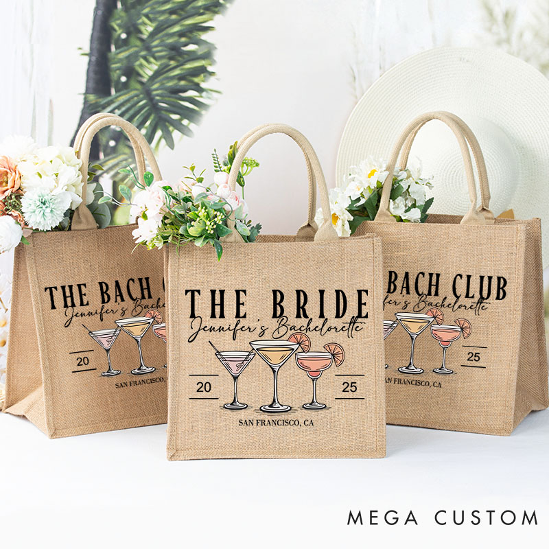Personalized Bridesmaid Cocktail The Bach Club Burlap Tote Bag Custom Bride Beach Bag Wedding Jute Tote Bag Bachelorette Party Bridal Shower Gift