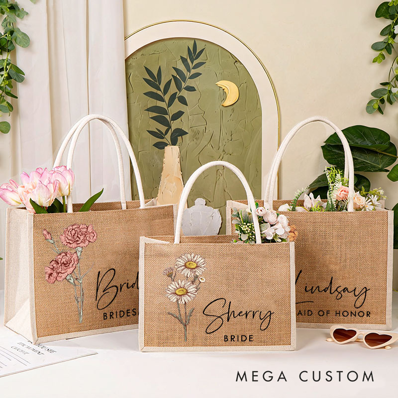 Personalized Bridesmaid Birth Flower Burlap Tote Bag Custom Bride Month Flower Tote Bag Wedding Jute Beach Bag Bachelorette Party Bridal Shower Gift