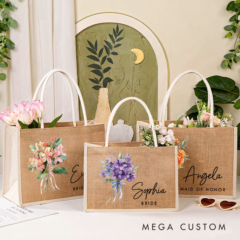 Personalized Bridesmaid Birth Flower Burlap Tote Bag Bride Elegant Month Flower Tote Bag Wedding Jute Beach Bag Bridal Shower Bachelorette Party Gift