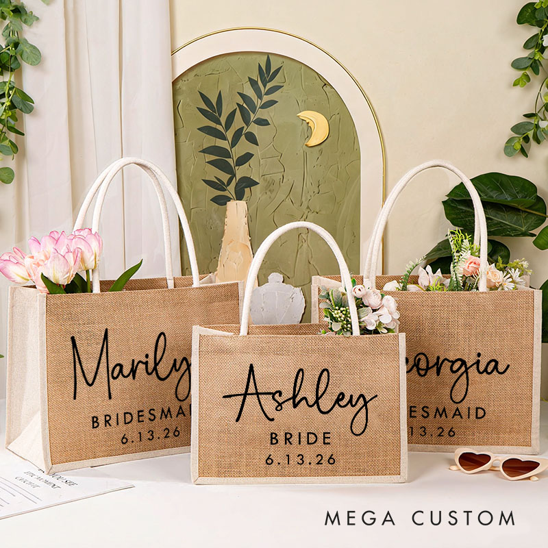 Personalized Bridesmaid Name Burlap Tote Bag Bride Tote Bag Wedding Date Jute Beach Bag Bridal Shower Gift Bachelorette Party Party