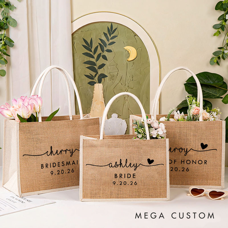 Personalized Bridesmaid Burlap Tote Bag Custom Bride Name with Heart Tote Bag Wedding Date Jute Beach Bag Bridal Shower Gift Bachelorette Party Party