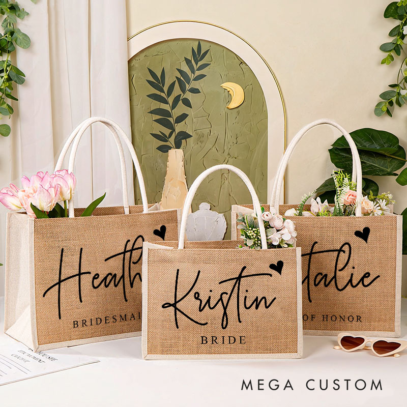 Personalized Bridesmaid Burlap Tote Bag Custom Bride Name with Heart Tote Bag Wedding Jute Beach Bag Bridal Shower Gift Bachelorette Party Favors