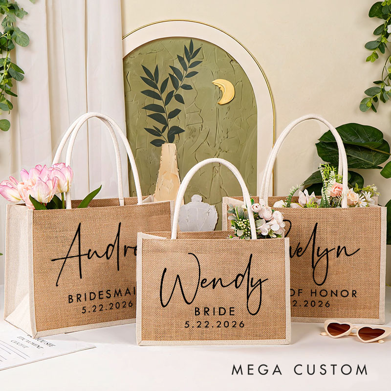Personalized Bridesmaid Burlap Tote Bag Custom Bride Name Tote Bag with White Side Wedding Date Jute Beach Bag Bridal Shower Bachelorette Party Gift